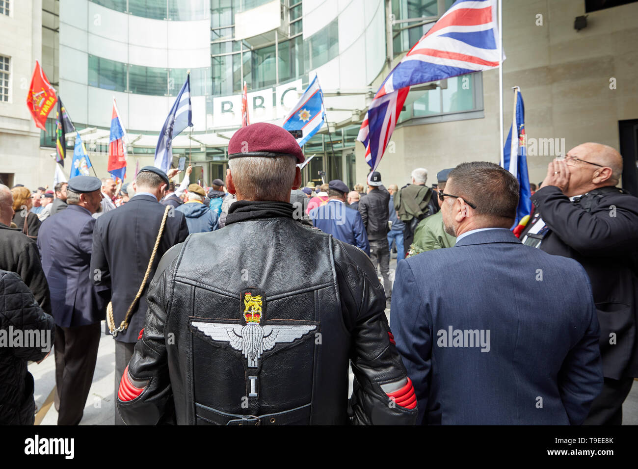 London, U.K. - 18 May, 2019: An ex-forces veteran campaigs outside the BBC as part of a protest against media bias. Stock Photo