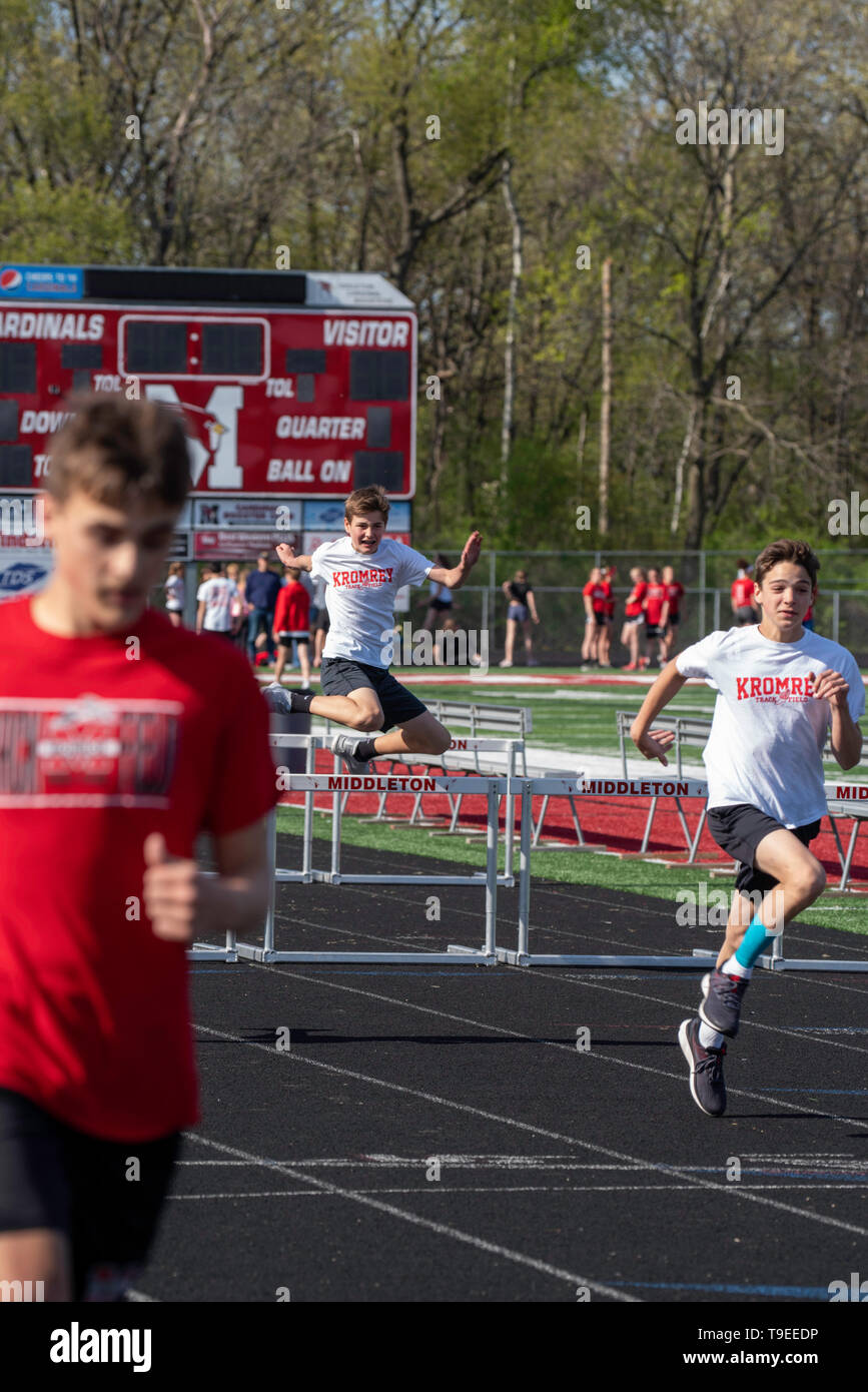 Images from a middle school track meet at Middleton, Wisconsin, USA. Stock Photo