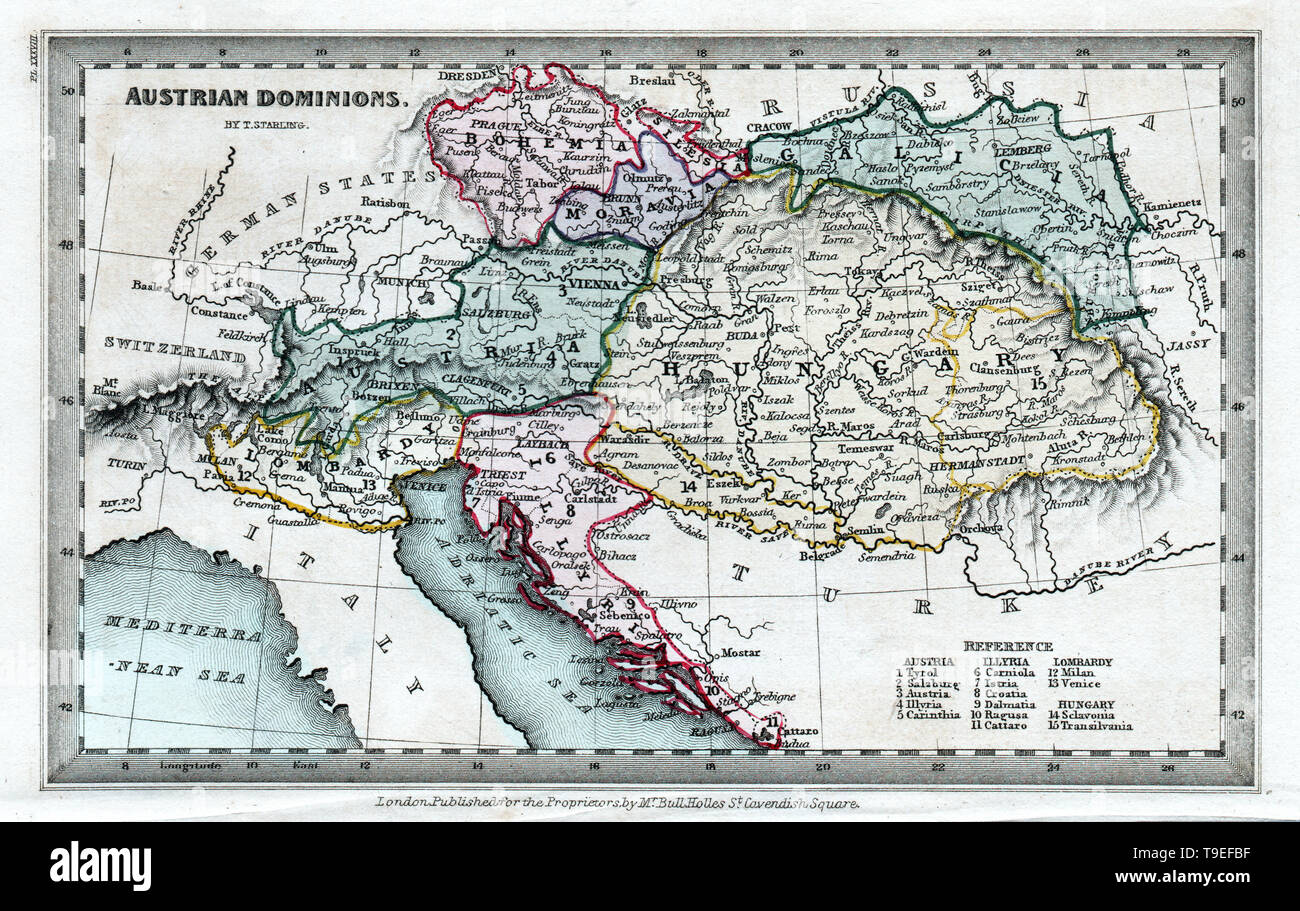 1834 Starling Map of the Austrian Hungary Empire including Bohemia, Croatia and Venice Italy Stock Photo