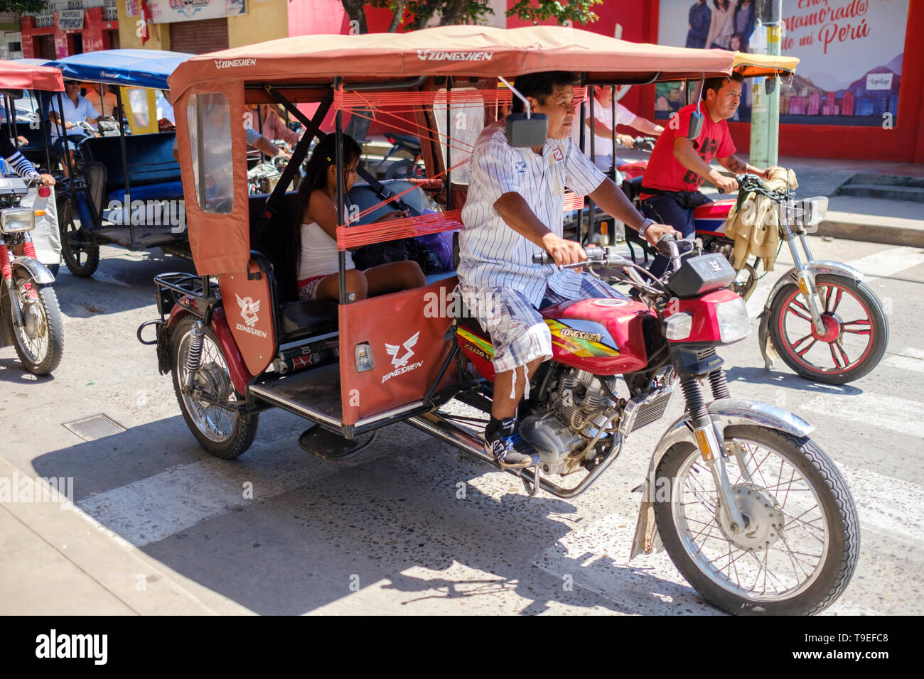 The streets of Yurimaguas are usually full of mototaxis, Yurimaguas, Alto Amazonas Province, Loreto Region, Peru Stock Photo