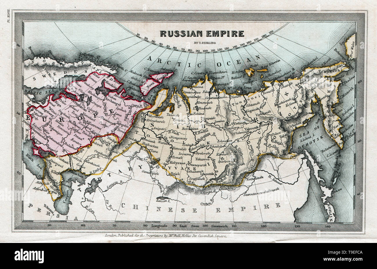 1834 Starling Map of Siberia Russia, Arctic Ocean, Asia Europe Stock Photo