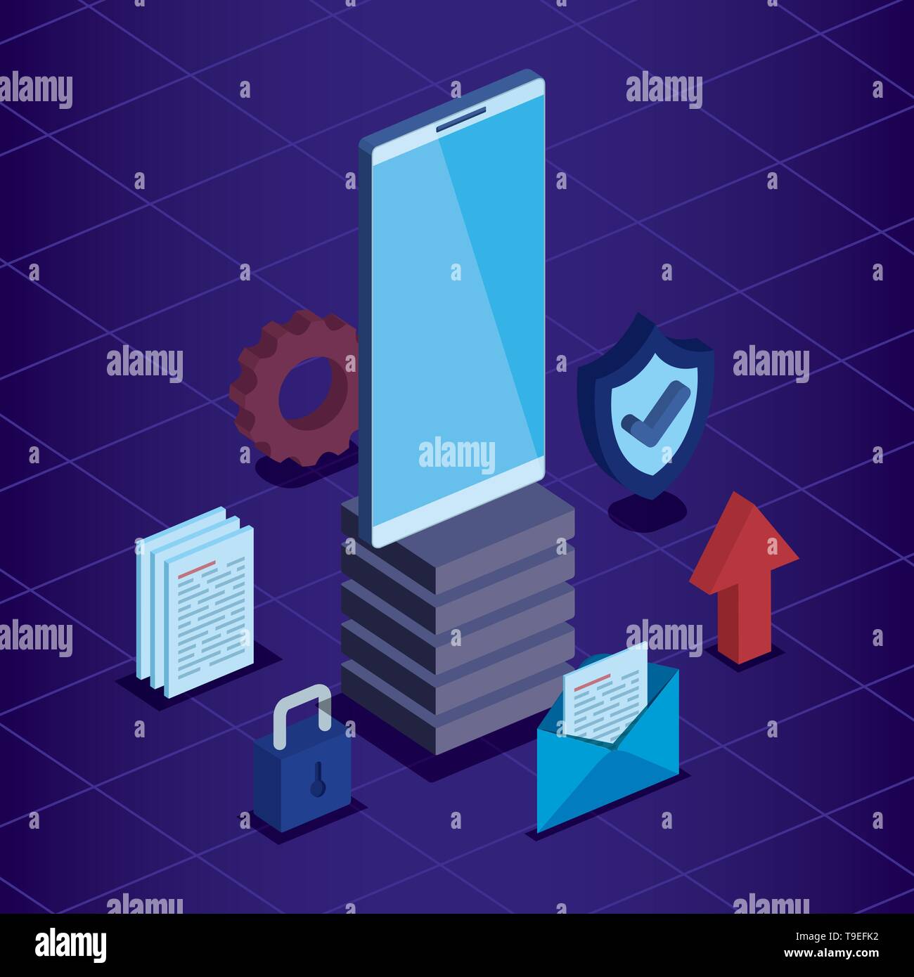 smartphone technology with padlock and shield security with documents ...