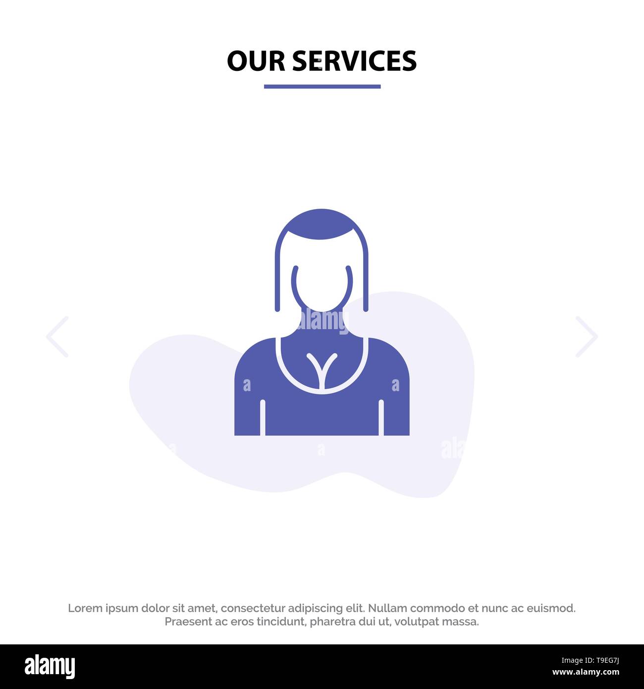 Our Services Actress, Avatar, Character, Girl, Lady Solid Glyph Icon Web card Template Stock Vector