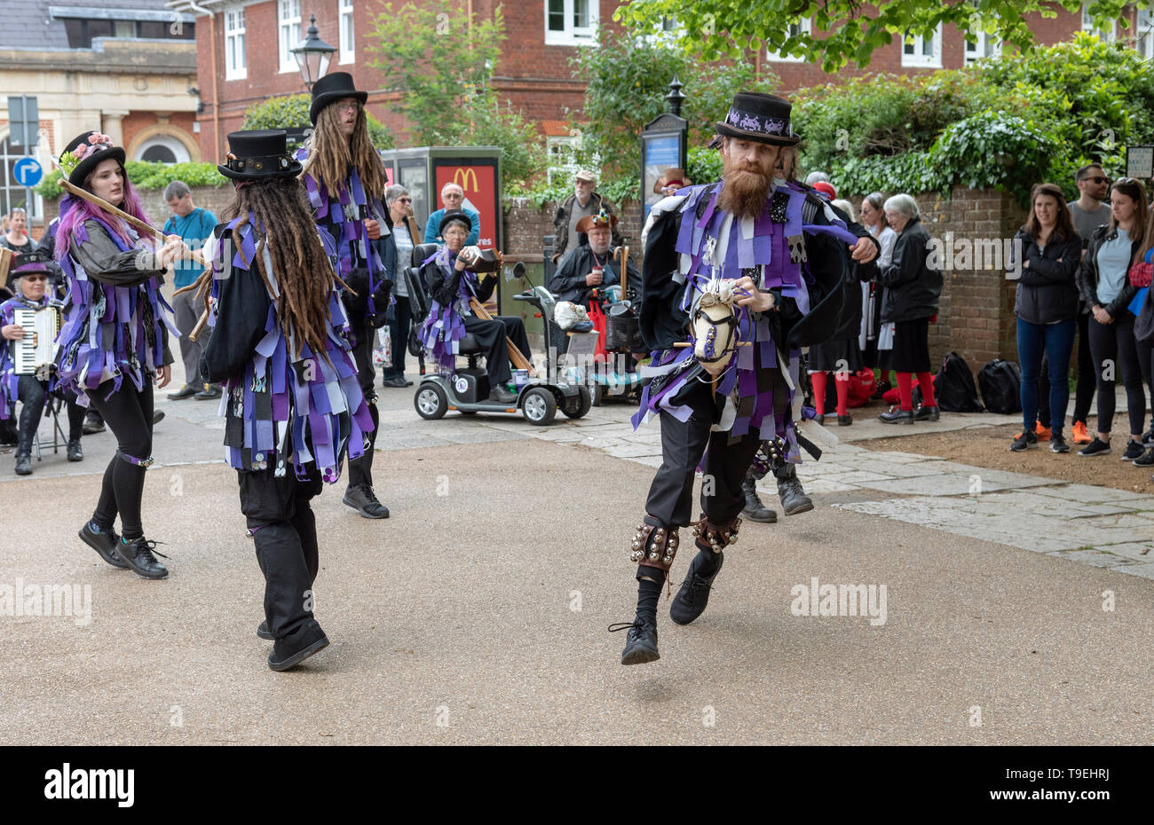 Winchester, Hampshire, England, UK. May 2019. Members of the Anonymous Morrismen from Poole, Dorsetand participating in the annual Winchester Mayfest. Stock Photo
