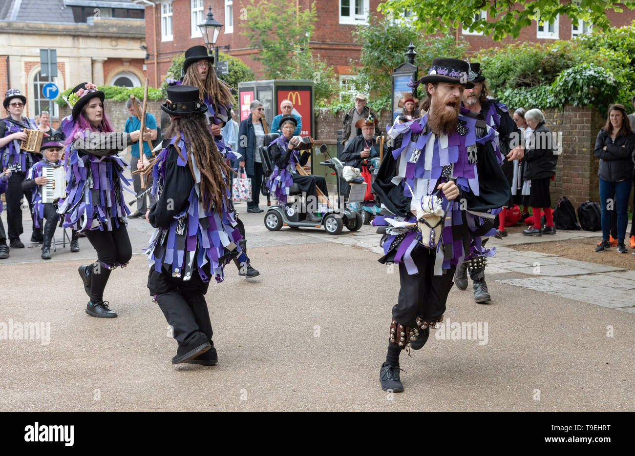 Winchester, Hampshire, England, UK. May 2019. Members of the Anonymous Morrismen from Poole, Dorsetand participating in the annual Winchester Mayfest. Stock Photo
