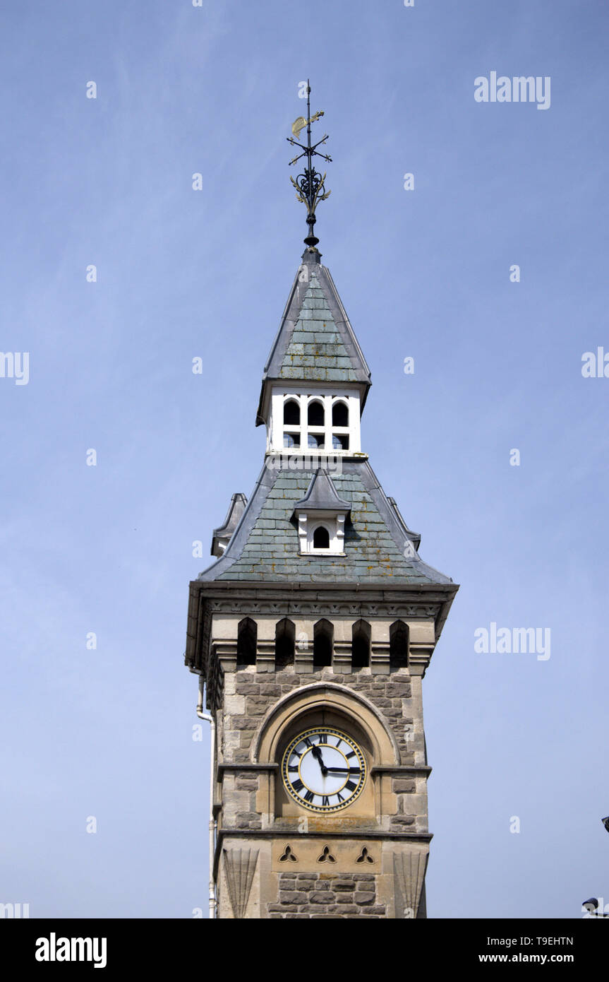 The Victorian Gothic style Clock Tower which stands at the junction of Lion Street and Belmont Road in Hay-on-Wye town centre, Powys, Wales, uk Stock Photo