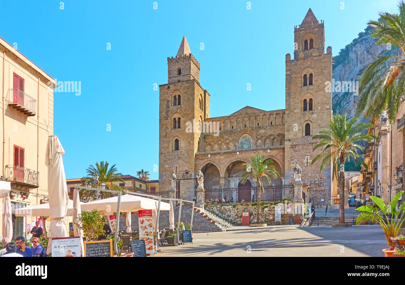 Cefalu, Italy - March 19, 2019: Town square in front of The Cathedral of Cefalu (Duomo di Cefalu), Sicily Stock Photo