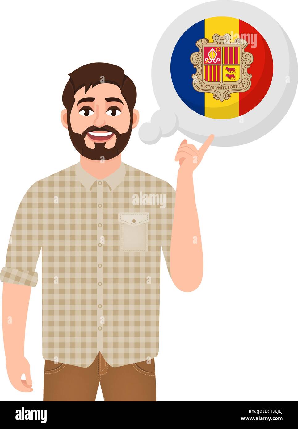 Happy bearded man says or thinks about the country Andorra, European country icon, traveler or tourist vector illustration Stock Vector