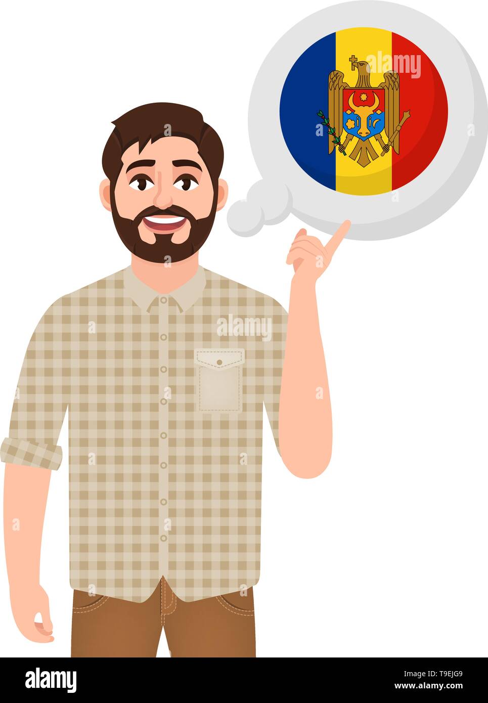 Happy bearded man says or thinks about the country Moldavia, European country icon, traveler or tourist vector illustration Stock Vector