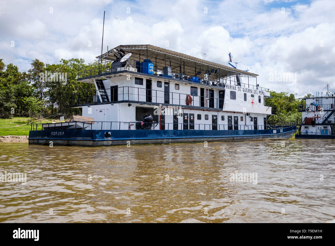 Medical ship of Peru Navy docked on Nanay River, Peruvian Amazon, Iquitos, Maynas Province, Loreto Department, Peru Stock Photo