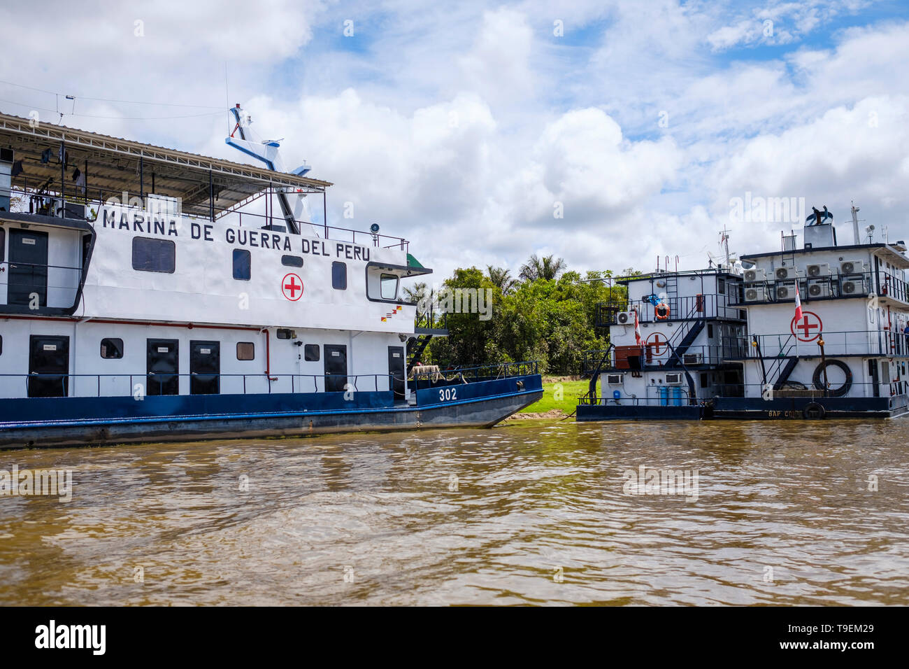 Medical ships of Peru Navy docked on Nanay River, Peruvian Amazon, Iquitos, Maynas Province, Loreto Department, Peru Stock Photo