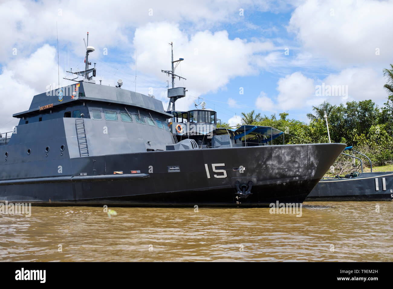 Ships of Peru Navy docked on Nanay River, Peruvian Amazon, Iquitos, Loreto Department, Peru Stock Photo