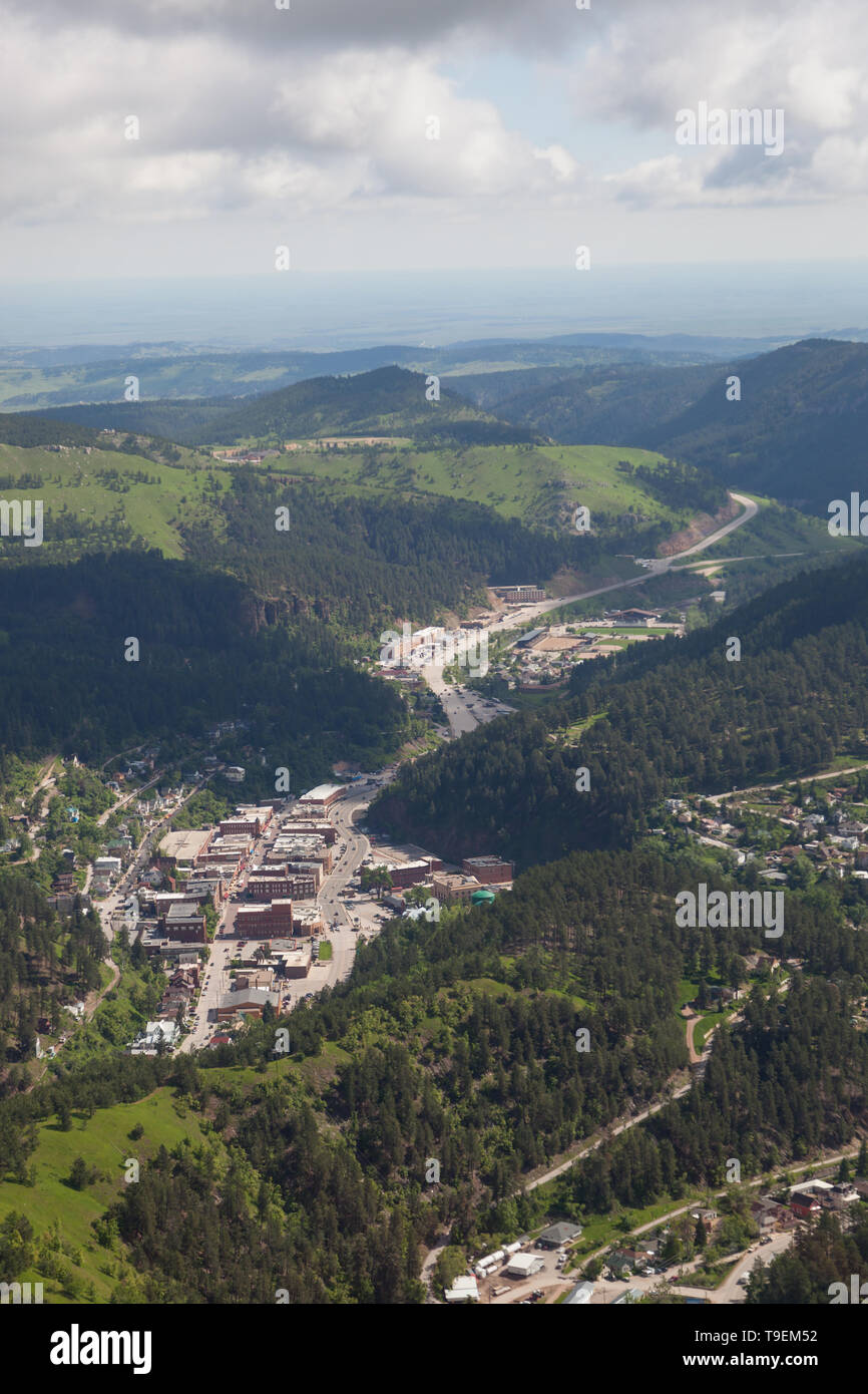 An aerial view of the old downtown historic area of Deadwood, South