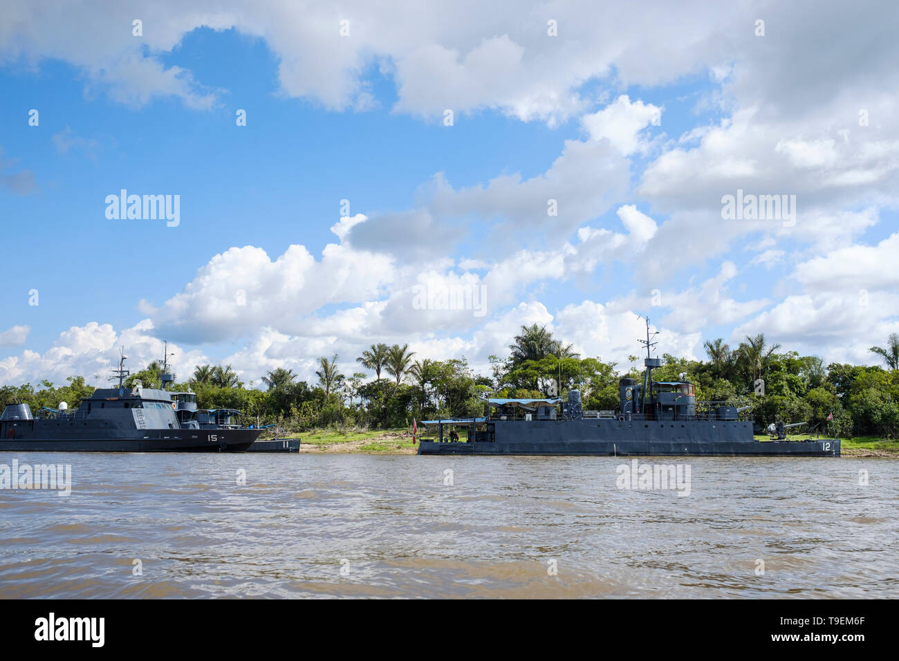 Ships of Peru Navy docked on Nanay River, Peruvian Amazon, Iquitos, Loreto Department, Peru Stock Photo