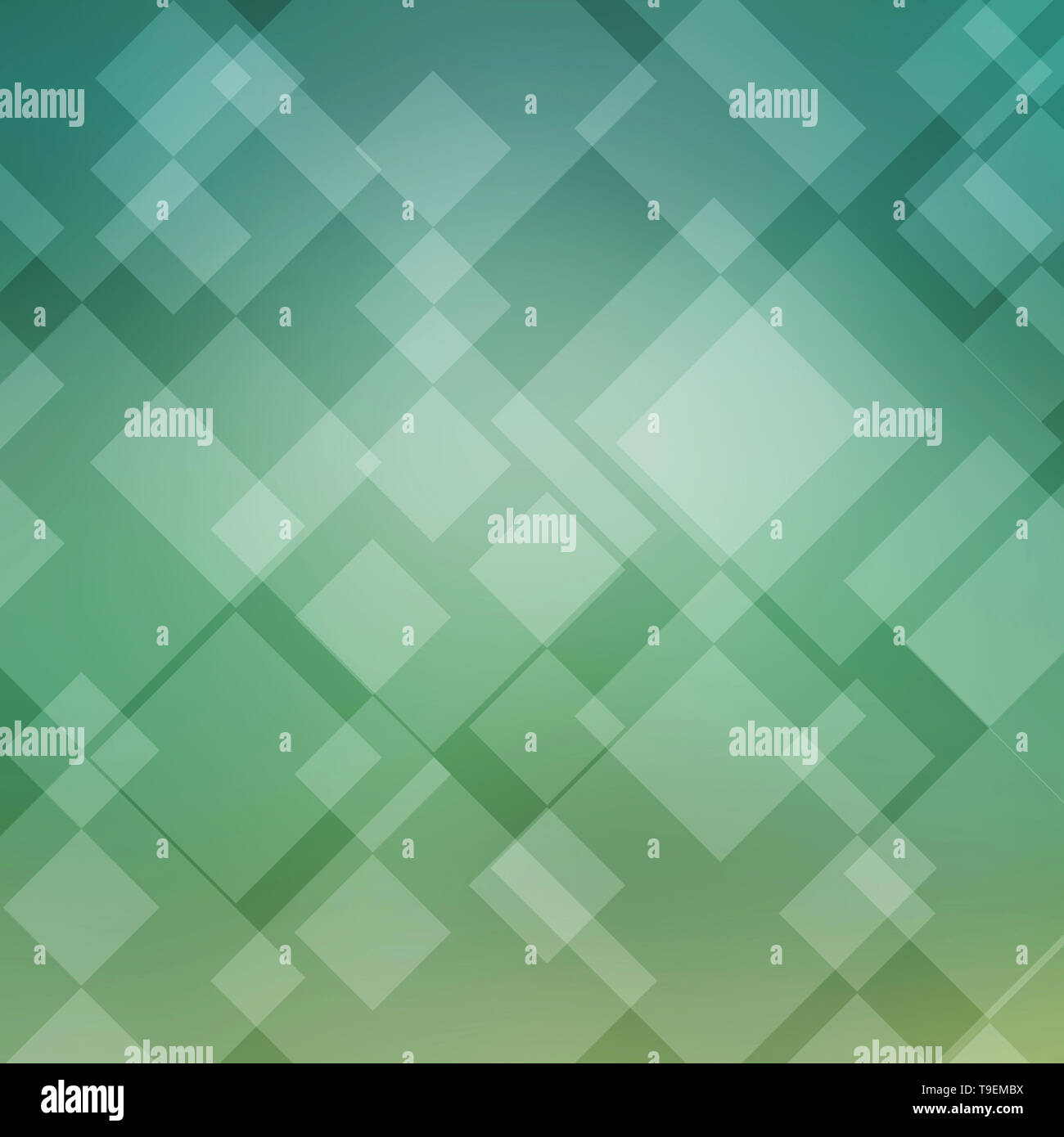 soft transparent rectangle and square shape layers in green background design. Artistic layout with geometric diamond blocks in abstract blue green ba Stock Photo