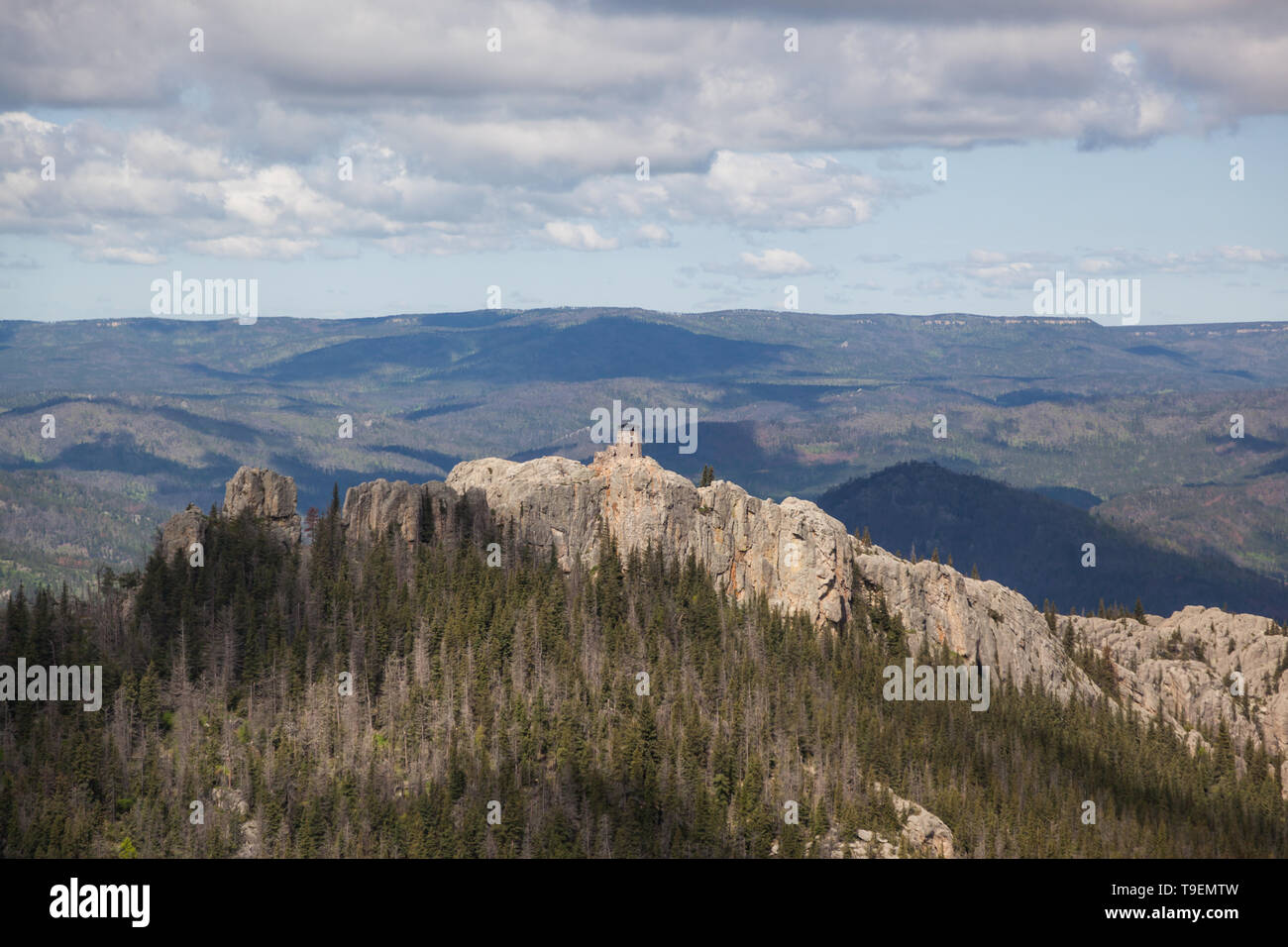 An aerial view of Black Elk Peak ( formerly Harney Peak) and tower which overlooks eroded rock