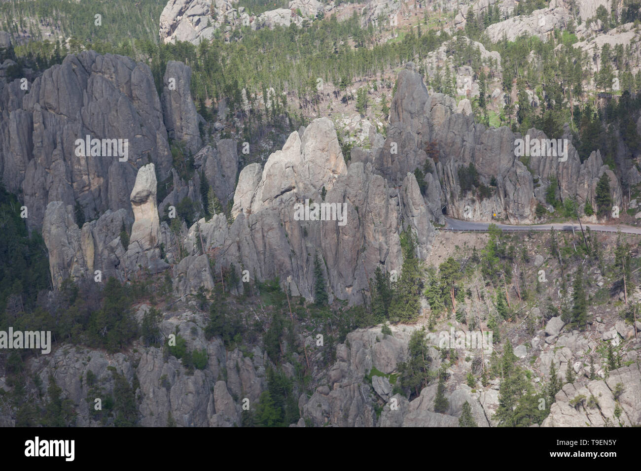 An aerial view of large quartz rock formations with the Needles Eye Tunnel and highway in Custer