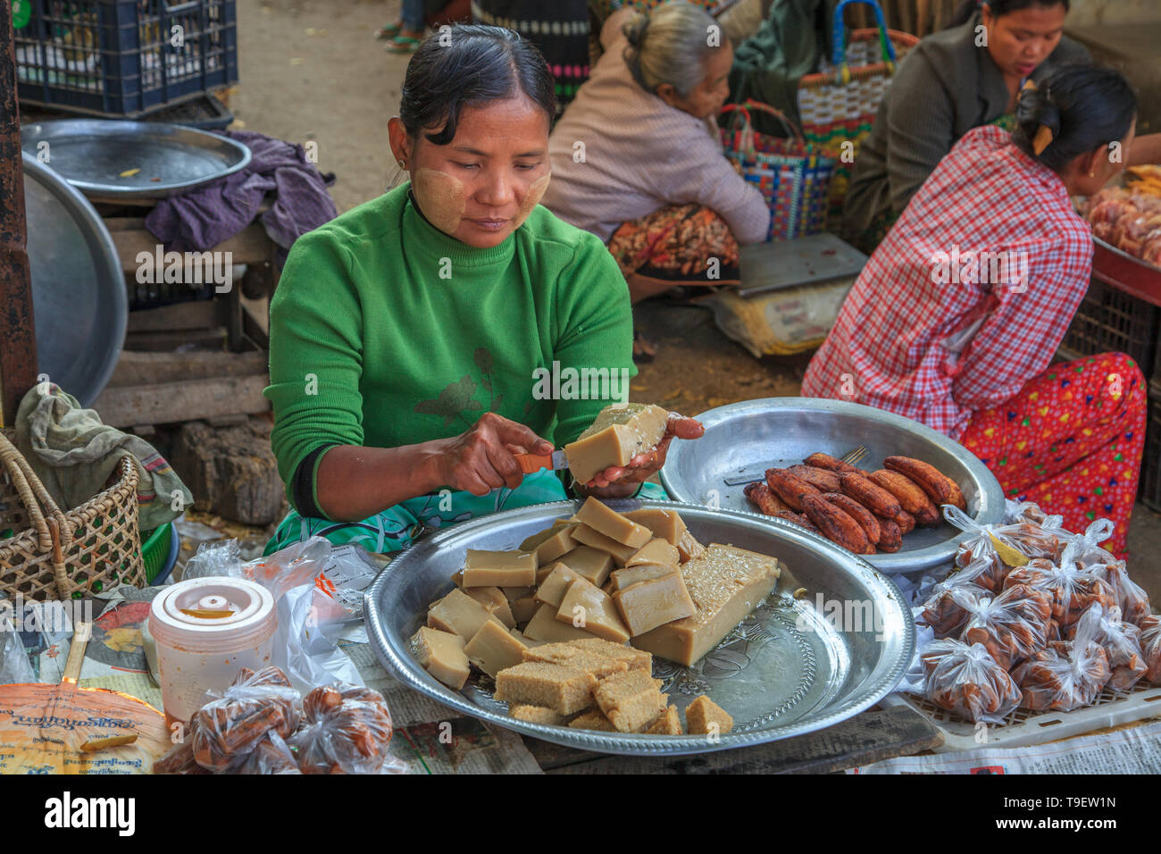 Fresh tofu seller at Bagan market Stock Photo
