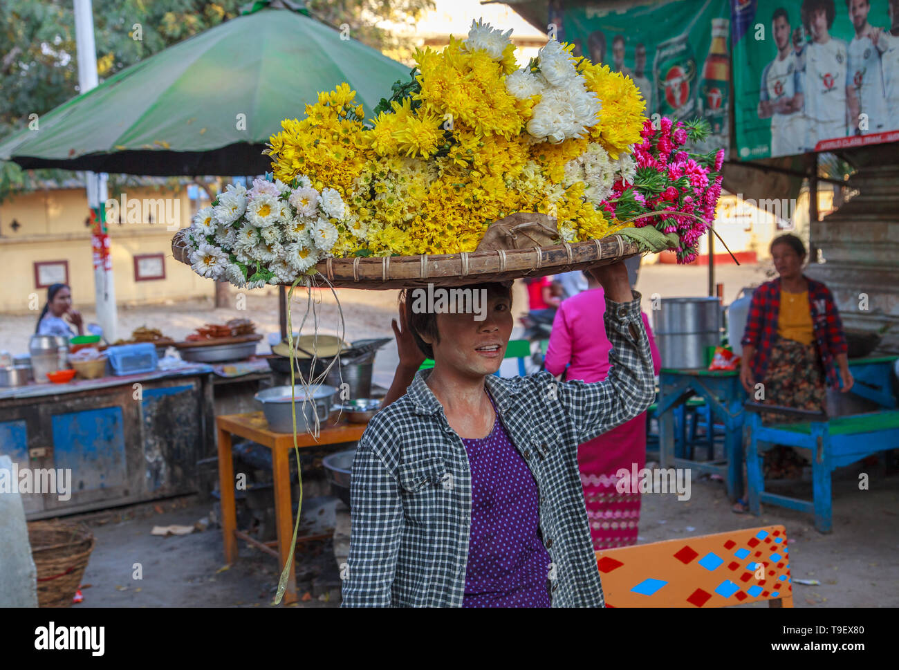 Flower seller (for temple offerings) Stock Photo