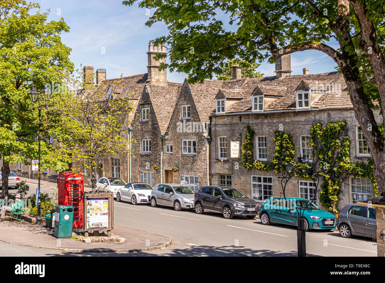 Old stone houses in the Market Place in the ancient Cotswold town of Northleach, Gloucestershire UK Stock Photo