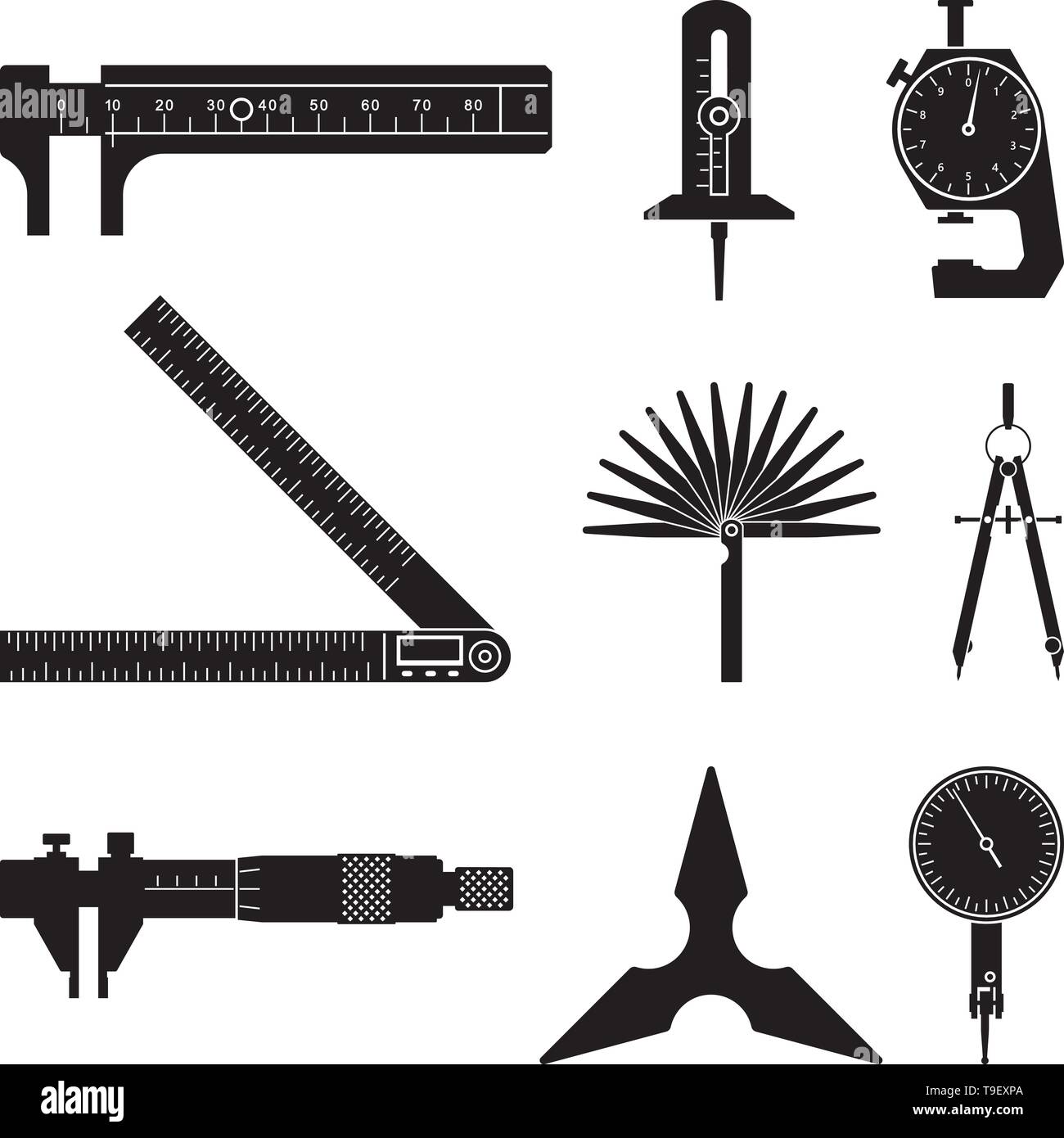 Set of measure instrument. Flat icons. Silhouette vector Stock Vector