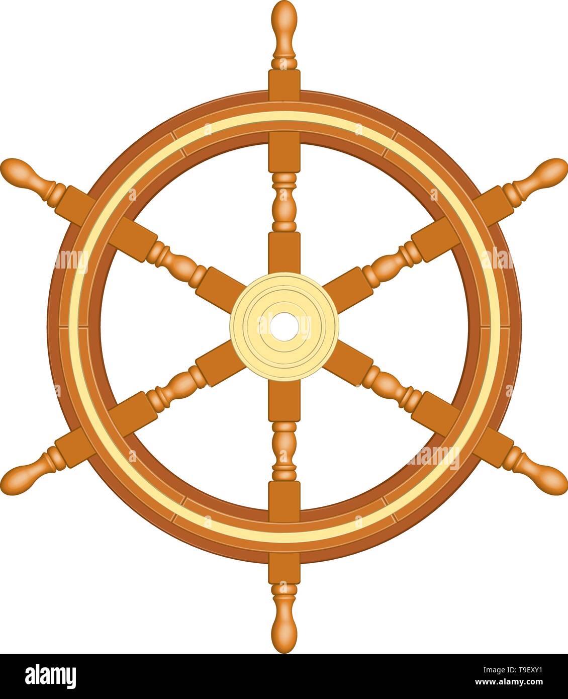 Wooden ship steering wheel with brass hub. 3D effect vector Stock Vector