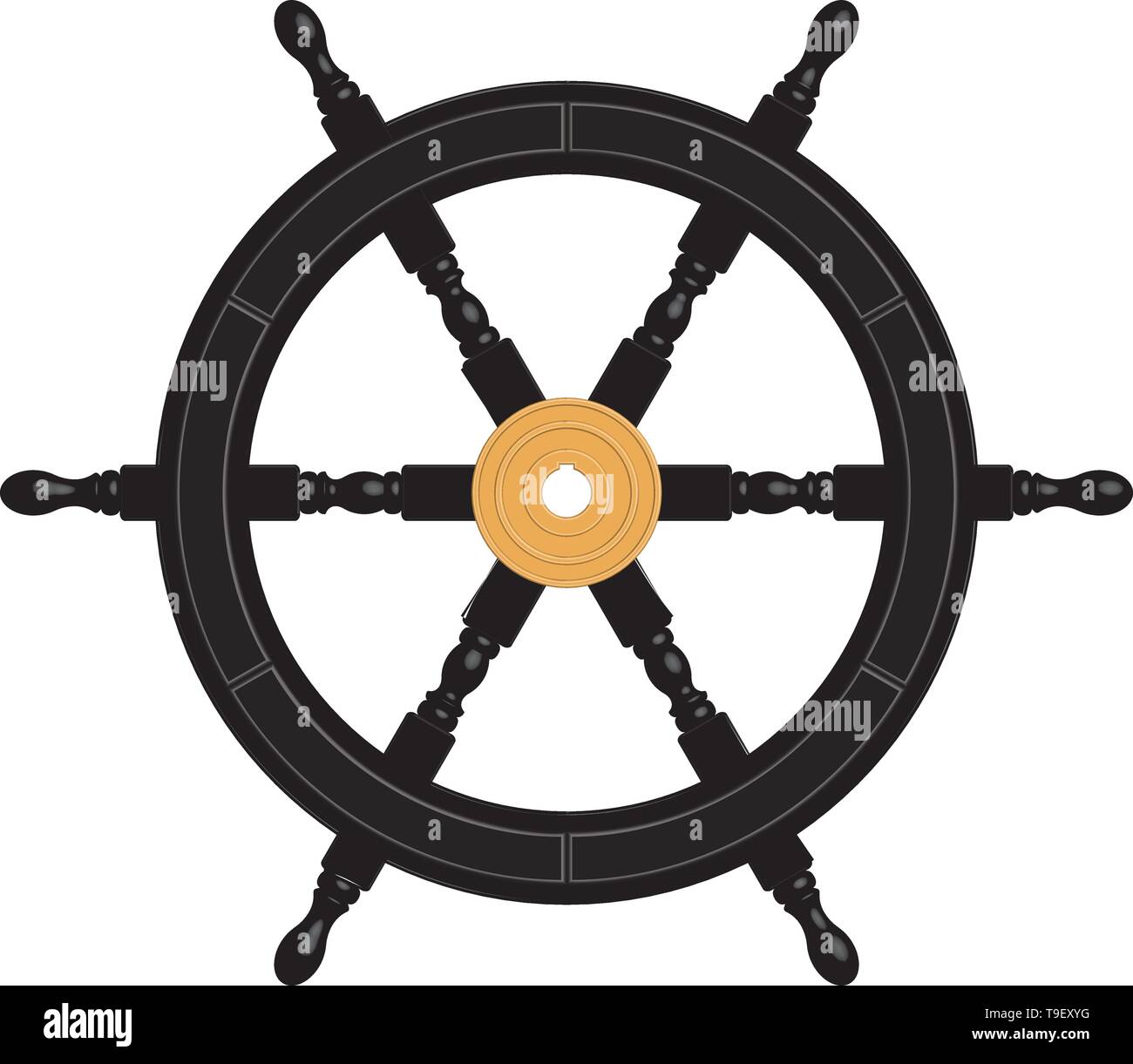 Black ship steering wheel with brass hub. 3D effect vector Stock Vector