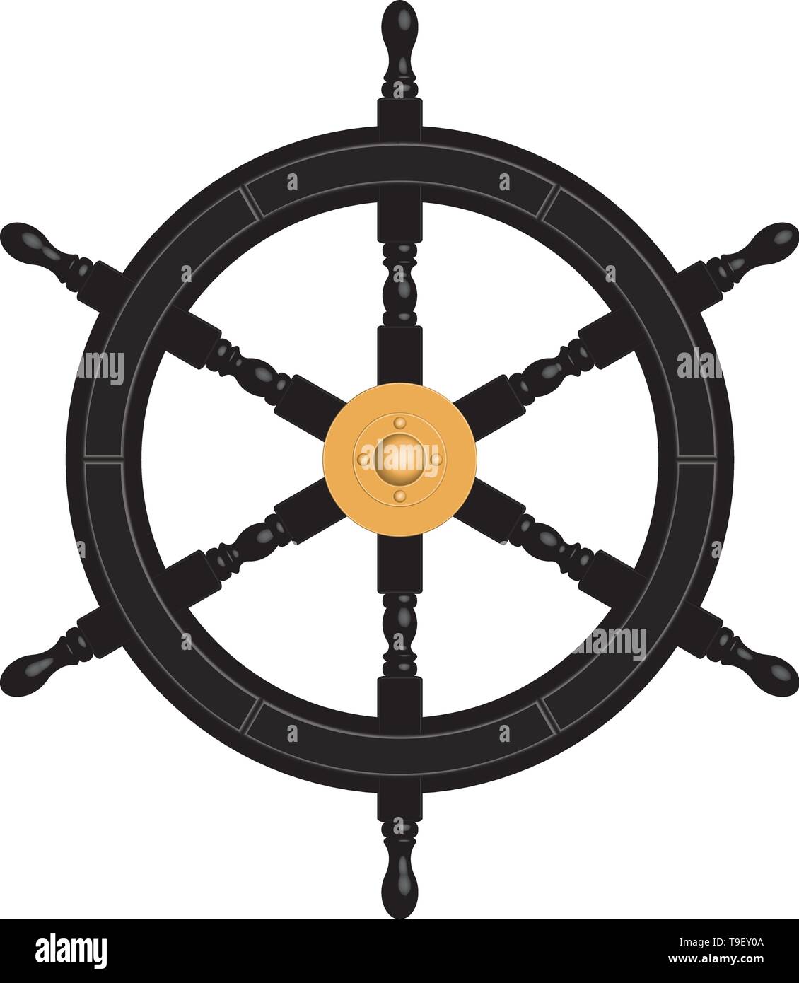 Black ship steering wheel with brass cap. 3D effect vector Stock Vector