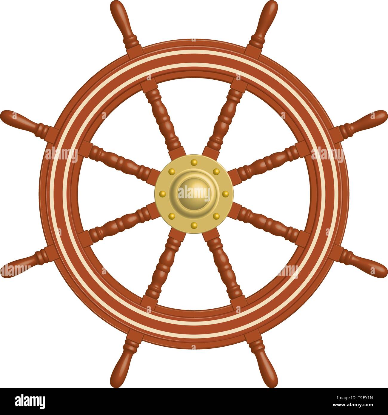 Wooden ship steering wheel. Brass cap. 3D effect. Vector illustration ...