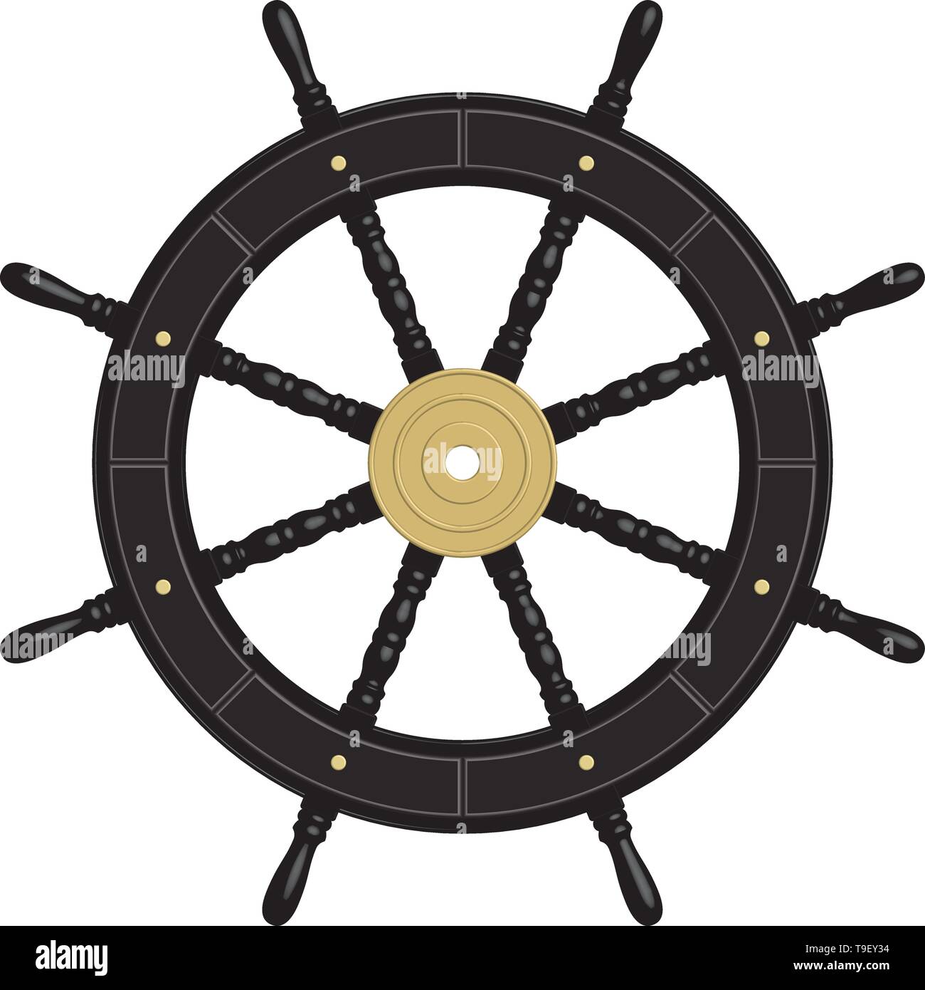Black ship steering wheel. Brass hub. 3D effect. Vector illustration Stock Vector