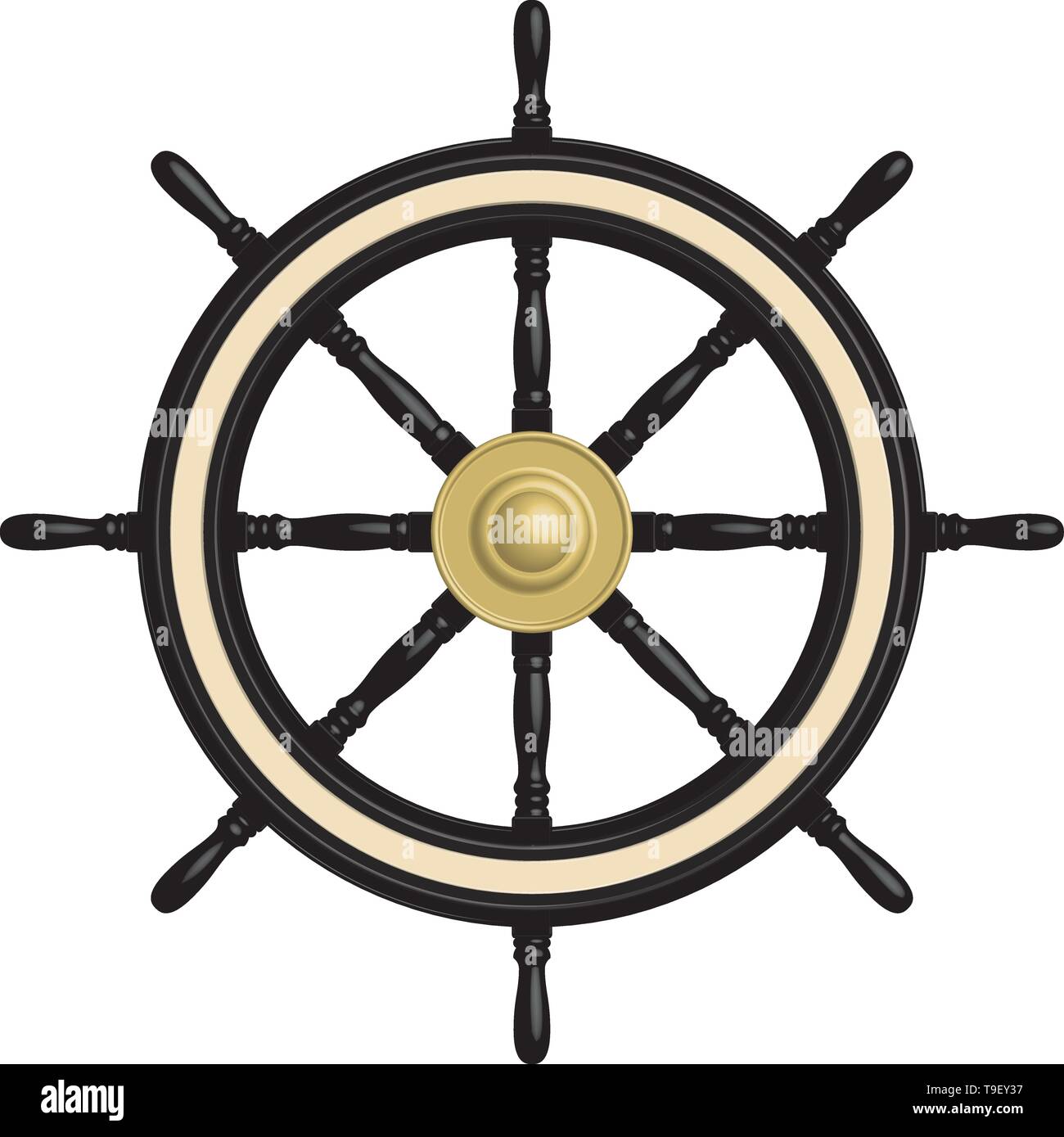 Black ship steering wheel. Brass cap. 3D effect. Vector illustration Stock Vector