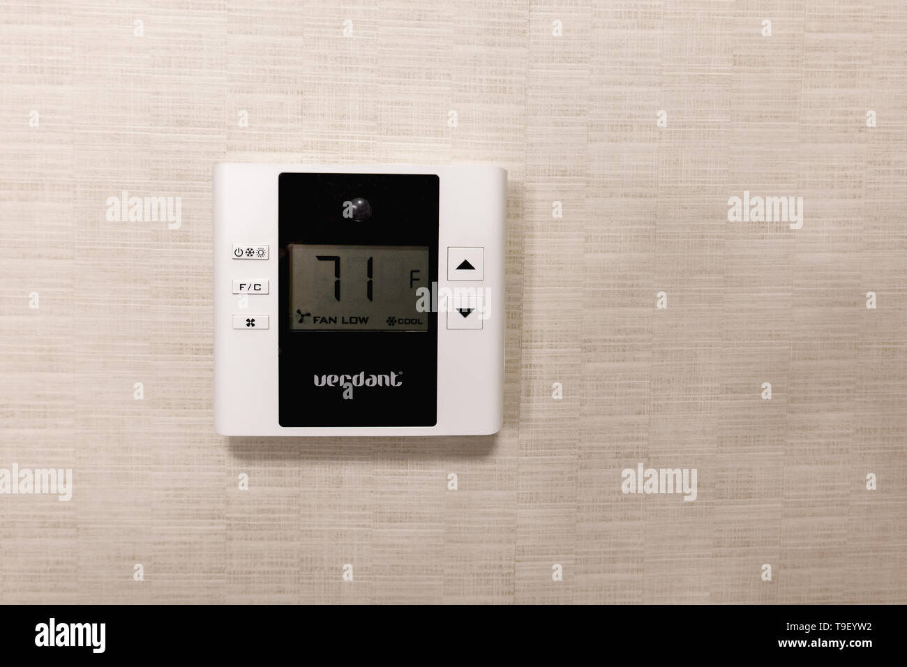 Hamilton, NJ April 30, 2019 Verdant thermostat on a walpapered wall