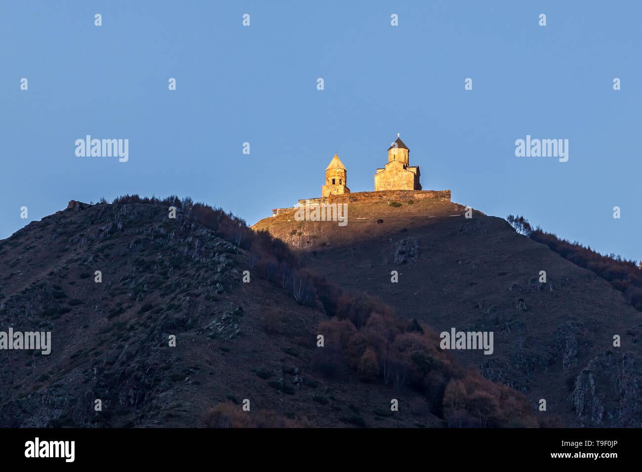 Gergeti Trinity Church in the mountains of the Caucasus, Geogria. Religion Stock Photo