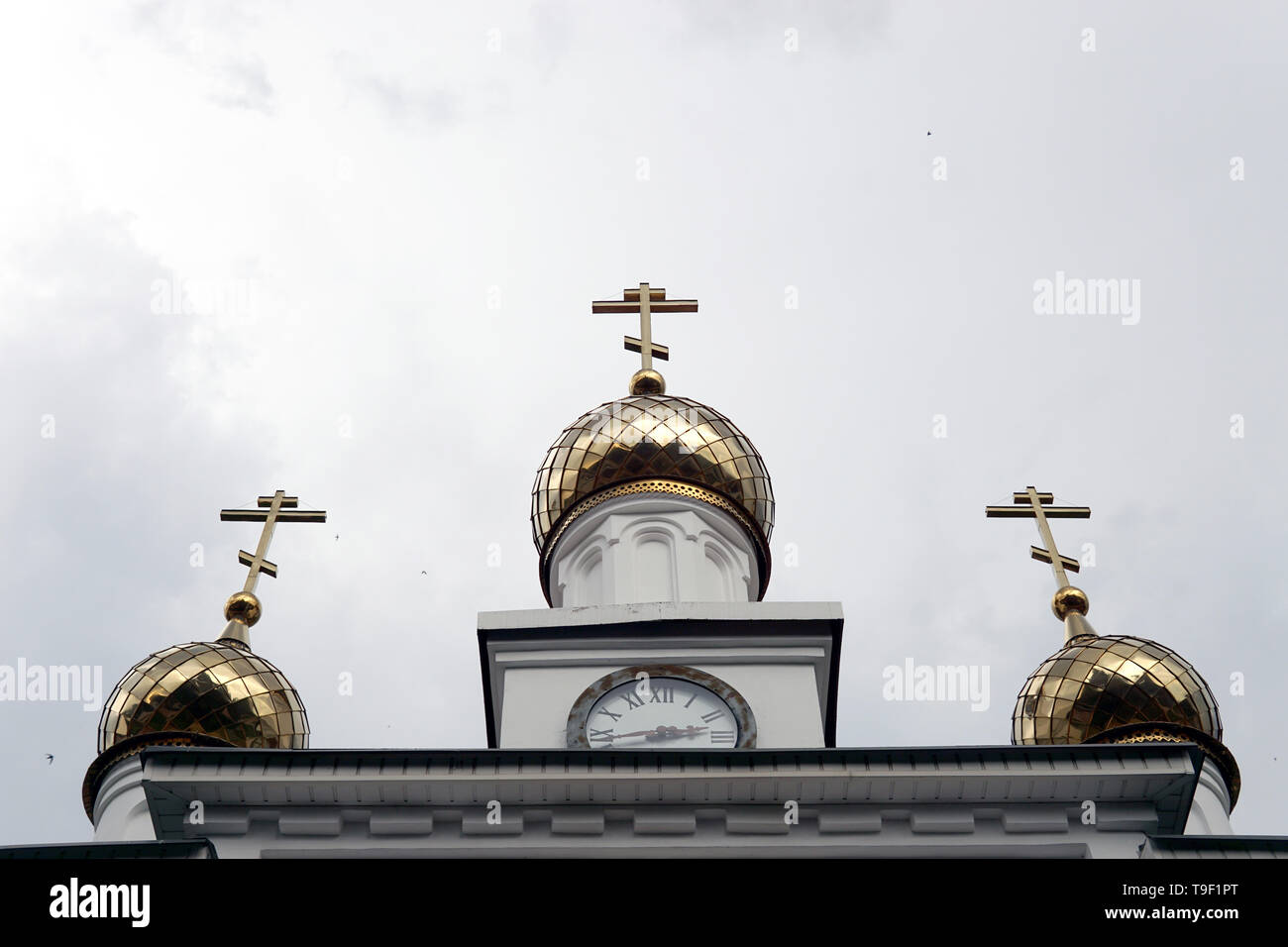 Golden domes of the Orthodox Church against the sky on a cloudy day ...