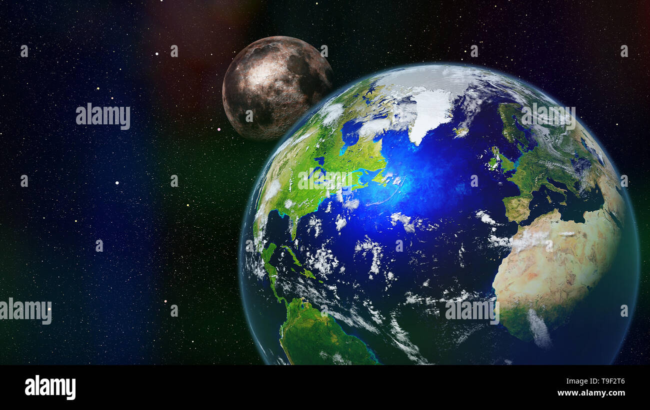 planet Earth with the Moon (3d science render, elements of this image are furnished by NASA) Stock Photo