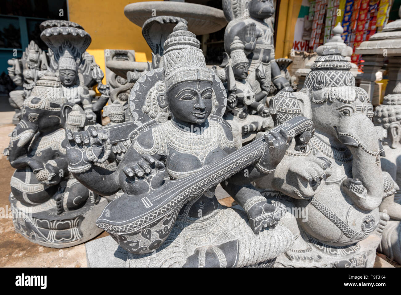 Saraswati statue at stone sculpture shop, Mahabalipuram (Mamallapuram