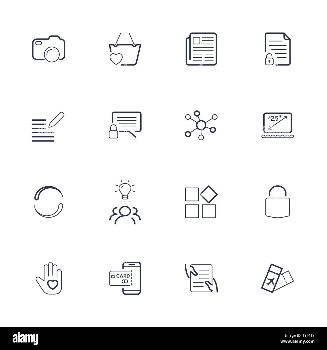 Different simple icons for web, sites, app. Icons set with thin line: camera, newspaper, tiket, atm, card, lock, laptop, comment, contract. Editable Stock Vector