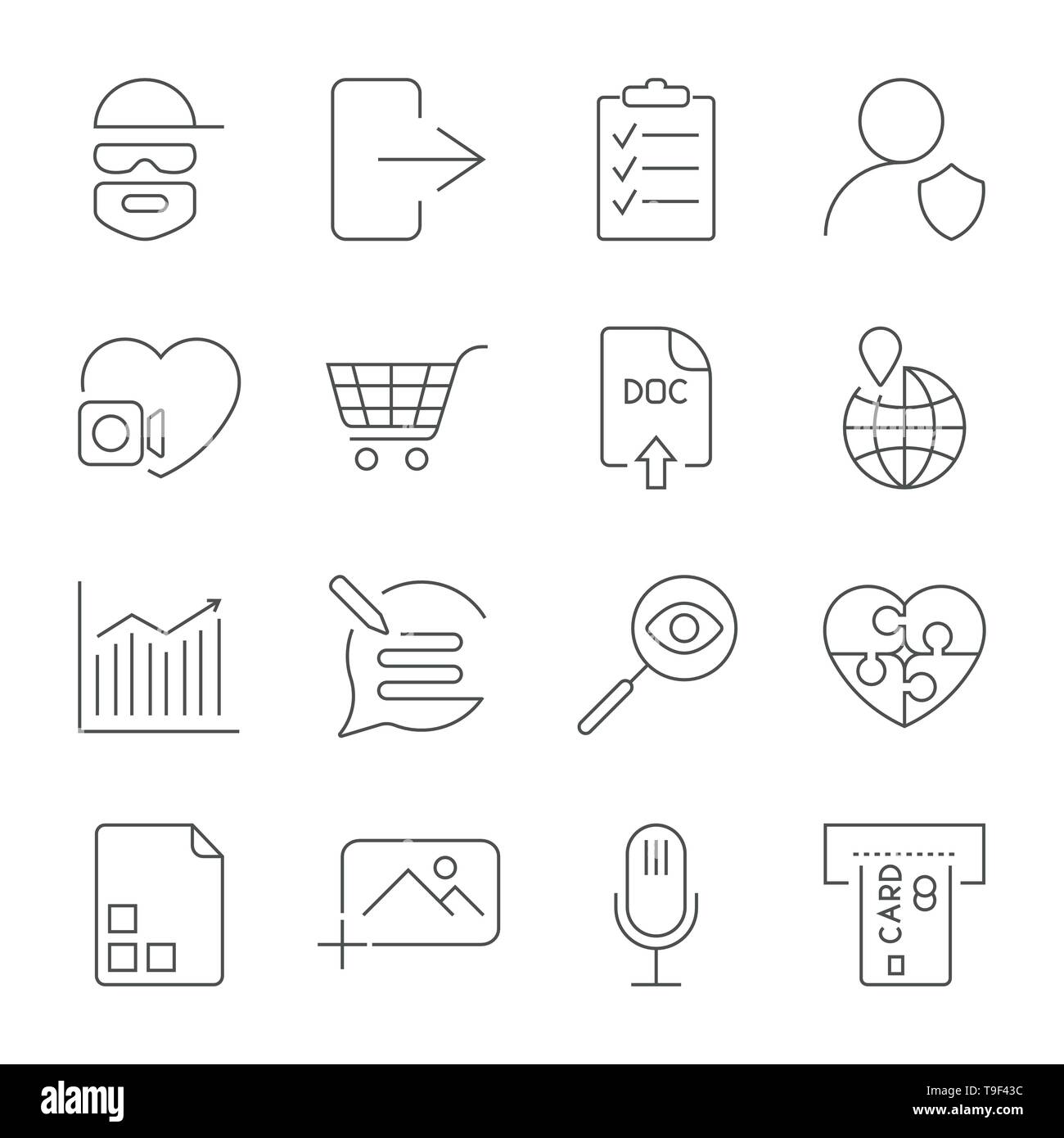 Universal set for web and mobile. Hacker, photo, note, atm and other. Icons set with editable stroke Stock Vector