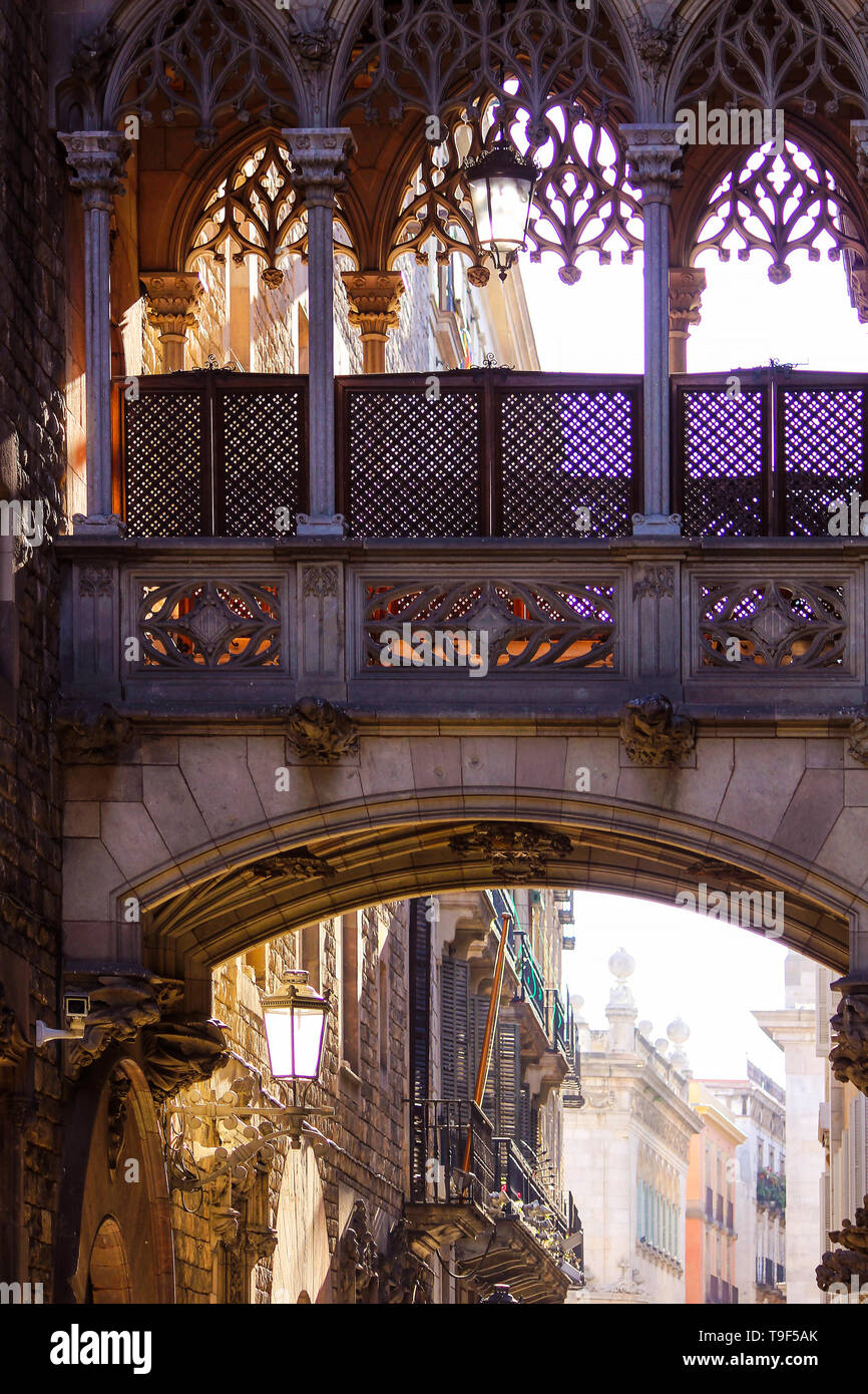 Bridge of sighs in old town Barri Gotic district, Barcelona, Spain, Europe Stock Photo