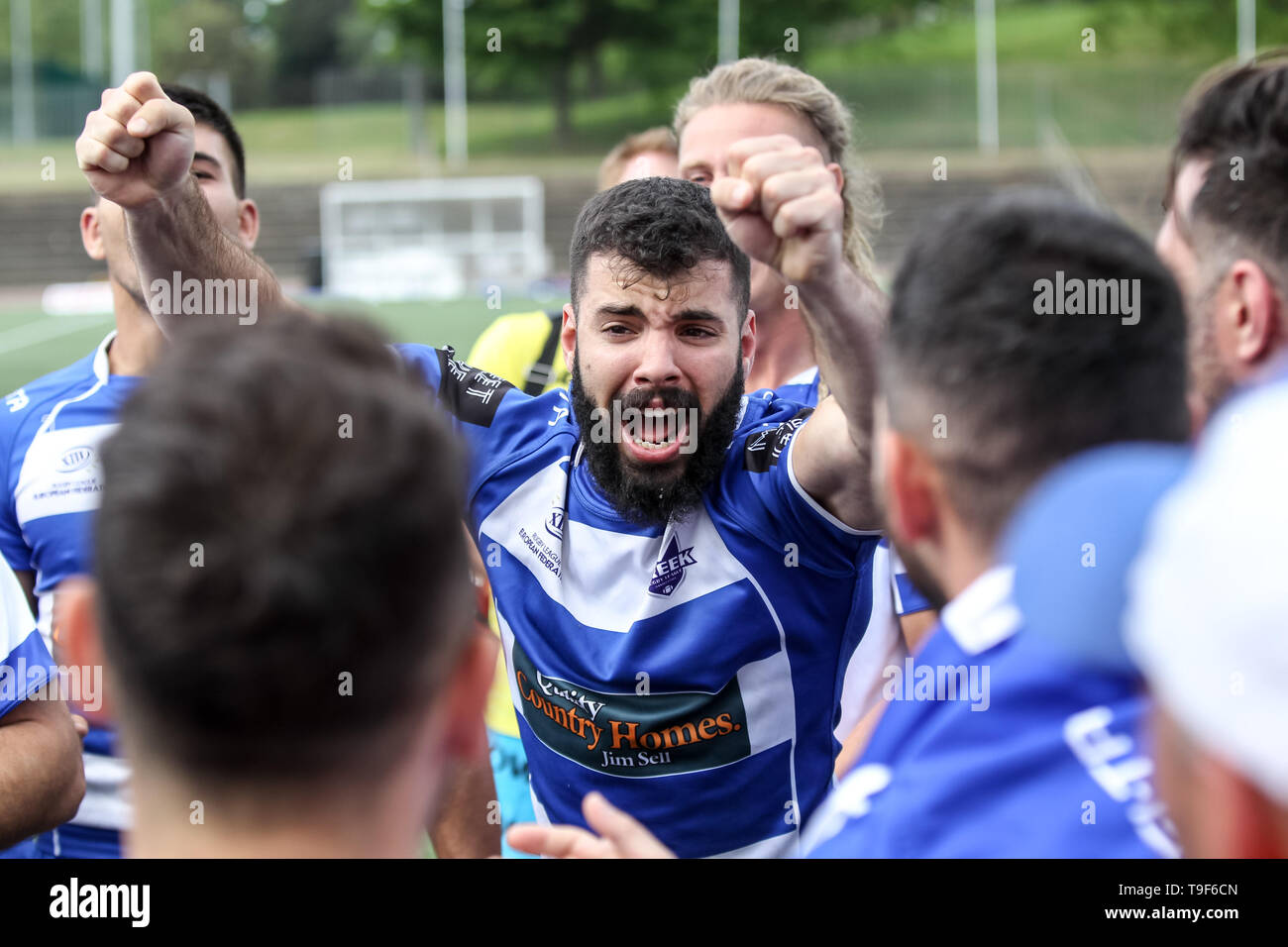 The Greek team celebrate the victory during the Rugby League World Cup Qualifier match between Greece RL and Norway RL at New River Sport & Fitness, White Hart Lane, England on 18 May 2019. Photo by Ken Sparks. Editorial use only, license required for commercial use. No use in betting, games or a single club/league/player publications. Stock Photo
