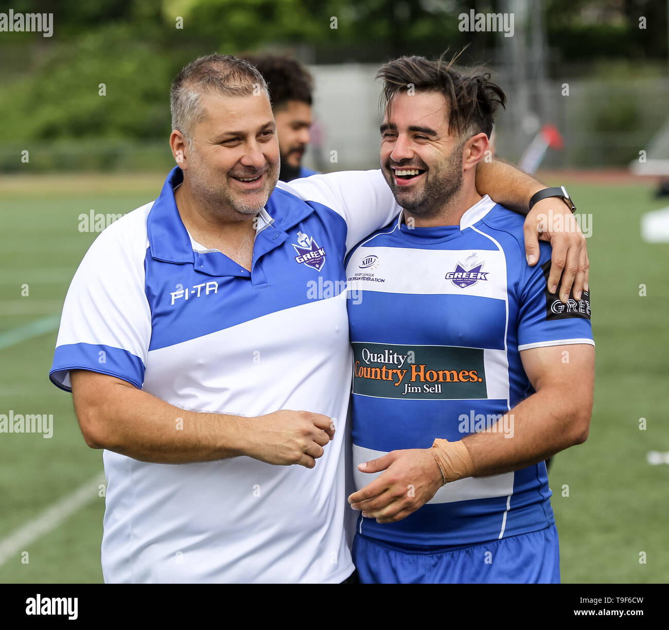 Greece RL Head Coach Terry Liberopoulos and Terry Constantinou of Greece RL  celebrate the victory during the Rugby League World Cup Qualifier match  between Greece RL and Norway RL at New River