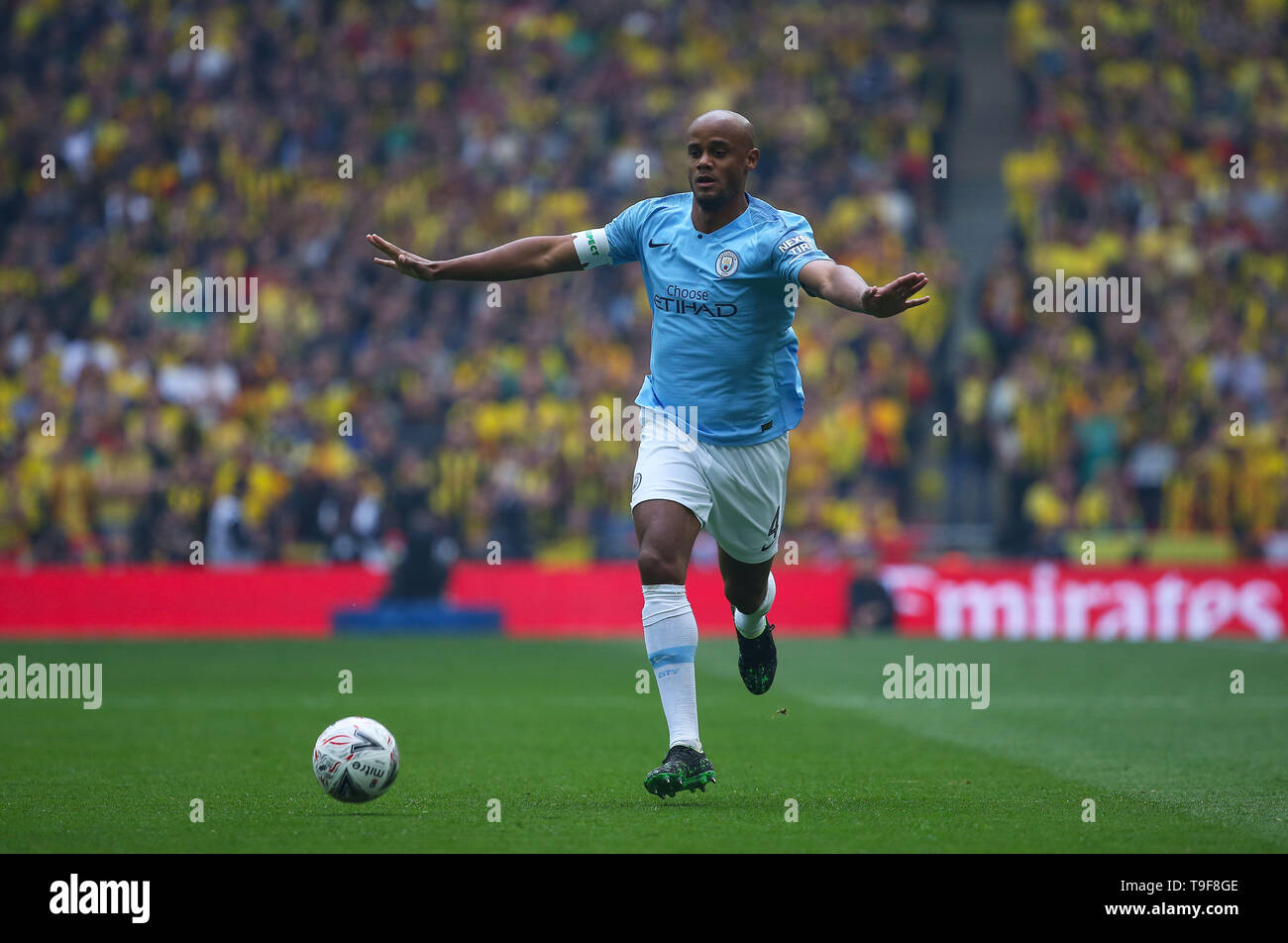 London, UK. 18 May 2019 Manchester City's Vincent Kompany during the Emirates FA Cup Final between Manchester City and Watford at the Wembley Stadium in London. 18 May 2019. EDITORIAL USE ONLY. No use with unauthorized audio, video, data, fixture lists, club/league logos or 'live' services. Online in-match use limited to 120 images, no video emulation. No use in betting, games or single club/league/player publications. Credit: James Boardman / Alamy Live News Stock Photo