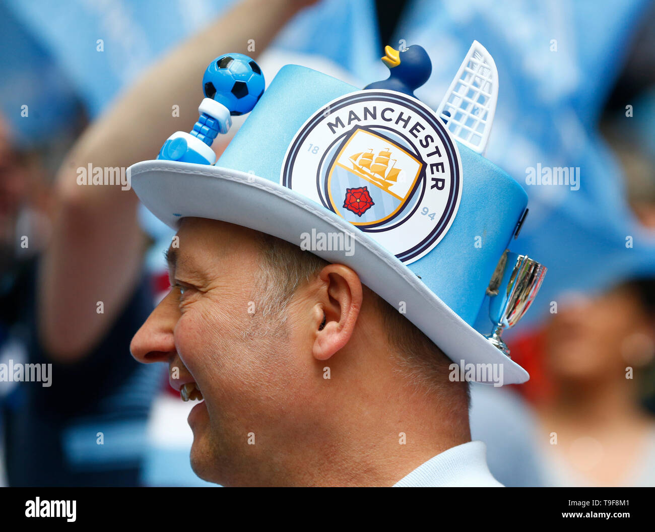 LONDON, UINTED KINGDOM. 18 May, 2019 Man City Fan during FA Cup Final match between Manchester City and Watford at Wembley stadium, London on 18 May 2019 Credit Action Foto Sport   FA Premier League and Football League images are subject to DataCo Licence EDITORIAL USE ONLY No use with unauthorised audio, video, data, fixture lists (outside the EU), club/league logos or 'live' services. Online in-match use limited to 45 images (+15 in extra time). No use to emulate moving images. No use in betting, games or single club/league/player publications/services. Credit: Action Foto Sport/Alamy Live N Stock Photo