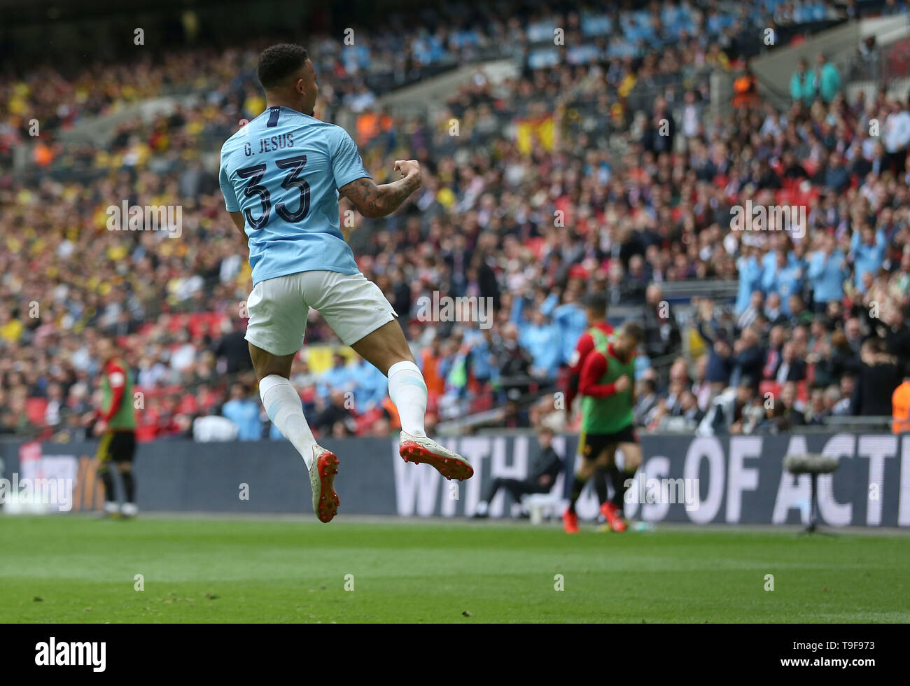 London, UK. 18 May 2019 Manchester City's Gabriel Jesus celebrates to make it 4-0 during the Emirates FA Cup Final between Manchester City and Watford at the Wembley Stadium in London. 18 May 2019. EDITORIAL USE ONLY. No use with unauthorized audio, video, data, fixture lists, club/league logos or 'live' services. Online in-match use limited to 120 images, no video emulation. No use in betting, games or single club/league/player publications. Credit: James Boardman / Alamy Live News Stock Photo