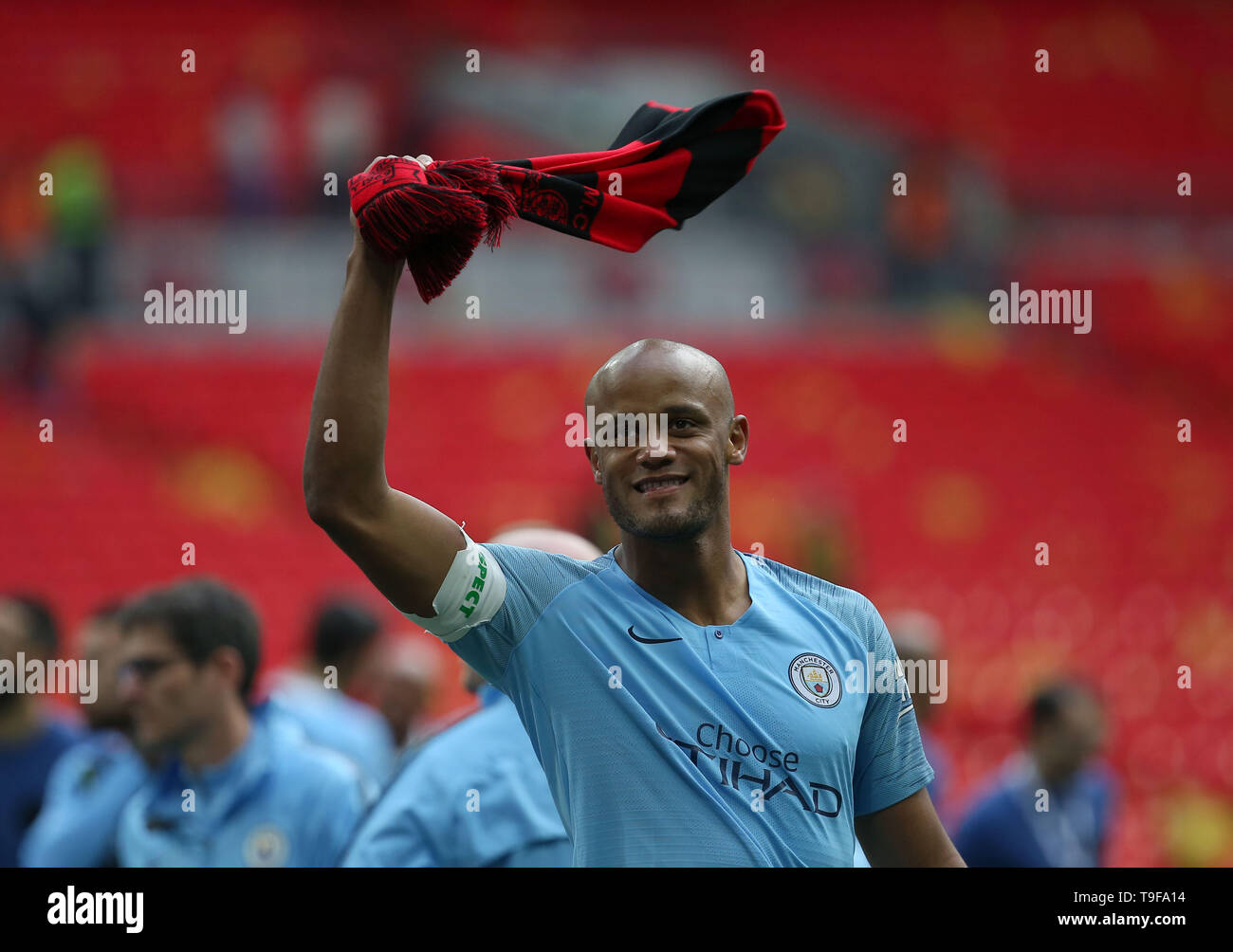 London, UK. 18 May 2019 Manchester City's Vincent Kompany celebrates victory during the Emirates FA Cup Final between Manchester City and Watford at the Wembley Stadium in London. 18 May 2019. EDITORIAL USE ONLY. No use with unauthorized audio, video, data, fixture lists, club/league logos or 'live' services. Online in-match use limited to 120 images, no video emulation. No use in betting, games or single club/league/player publications. Credit: James Boardman / Alamy Live News Stock Photo
