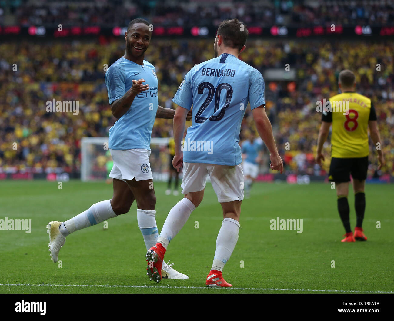 London, UK. 18 May 2019 Manchester City's Raheem Sterling celebrates scoring during the Emirates FA Cup Final between Manchester City and Watford at the Wembley Stadium in London. 18 May 2019. EDITORIAL USE ONLY. No use with unauthorized audio, video, data, fixture lists, club/league logos or 'live' services. Online in-match use limited to 120 images, no video emulation. No use in betting, games or single club/league/player publications. Credit: James Boardman / Alamy Live News Stock Photo