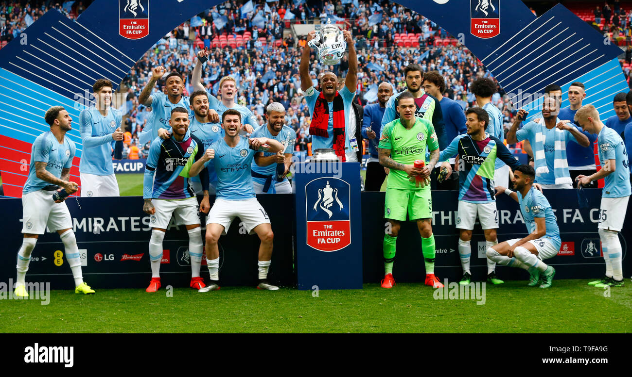 LONDON, UINTED KINGDOM. 18 May, 2019 Manchester City players with Trophy  during FA Cup Final match between Manchester City and Watford at Wembley  stadium, London on 18 May 2019 Credit Action Foto