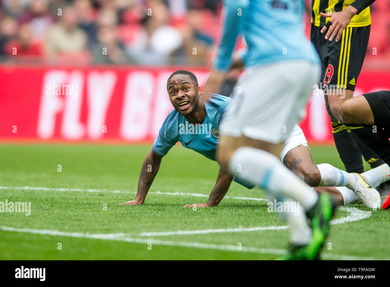 Raheem Sterling of Manchester City looks at the ball during The FA Cup Final match between Manchester City and Watford at Wembley Stadium, London, England on 18 May 2019. Photo by Salvio Calabrese.  Editorial use only, license required for commercial use. No use in betting, games or a single club/league/player publications. Stock Photo