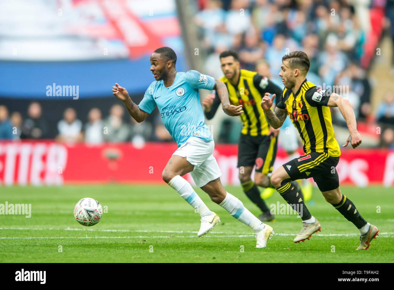 Raheem Sterling of Manchester City runs with the ball during The FA Cup Final match between Manchester City and Watford at Wembley Stadium, London, England on 18 May 2019. Photo by Salvio Calabrese.  Editorial use only, license required for commercial use. No use in betting, games or a single club/league/player publications. Stock Photo