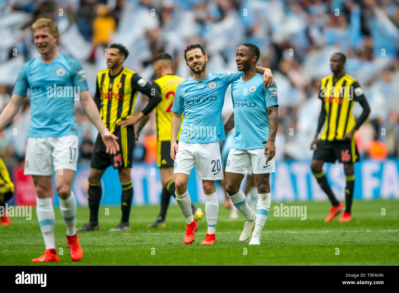 Bernardo Silva of Manchester City and Raheem Sterling of Manchester City celebrates his side victory during The FA Cup Final match between Manchester City and Watford at Wembley Stadium, London, England on 18 May 2019. Photo by Salvio Calabrese.  Editorial use only, license required for commercial use. No use in betting, games or a single club/league/player publications. Stock Photo